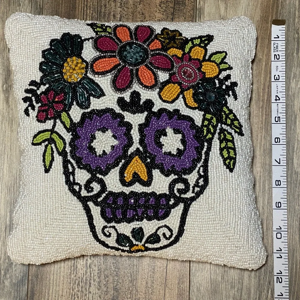 Hand Beaded Sugar Skull Decorative Accent Pillow
